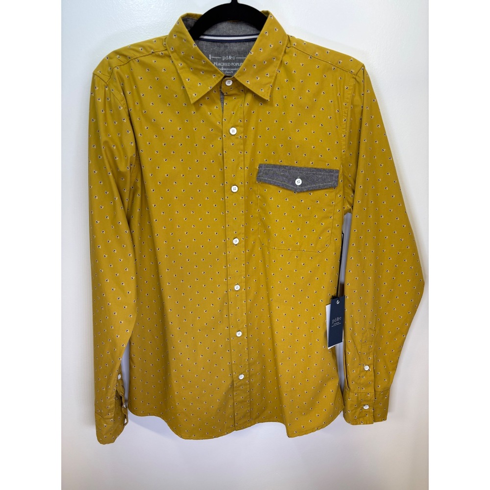 PD&C Mens Mustard Yellow Peached Poplin Geometric‎ Print Button Down Shirt NWT